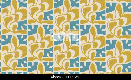 Bright seamless floral pattern with groovy hippie and Matisse inspired motifs. Flat cartoon design suitable for textile, wrapping, interior, and moder Stock Vector