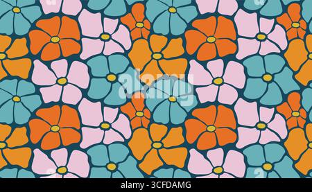 Vibrant floral seamless pattern with retro hippie and Matisse inspired motifs. Groovy design in flat cartoon style for textile, packaging, stationery, Stock Vector