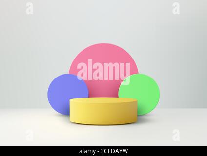 3d yellow podium framed by pink, blue and green circles on a clean white background, design for product mockup, modern showroom presentation and brand Stock Vector