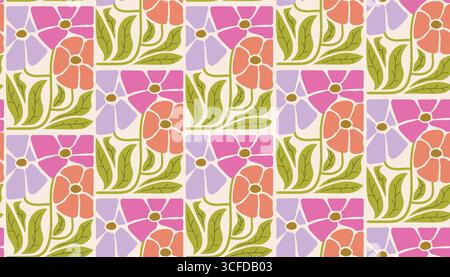 Seamless groovy hippie pattern with Matisse floral motifs in bold flat cartoon style. Decorative design for creative textile, wrapping paper, digital Stock Vector