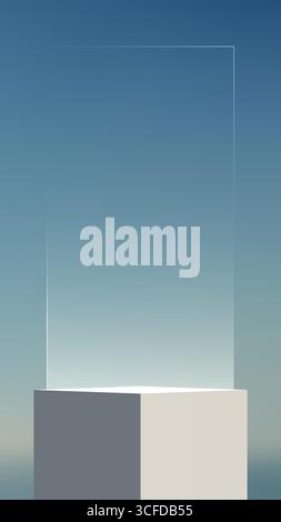 Transparent glass panel stands vertical on a square pedestal glowing from below with a blue to grey gradient background designed for product mockup br Stock Vector