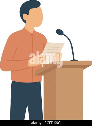 A speaker stands behind a wooden podium reading prepared notes, representing public speaking and formal presentation. Stock Vector