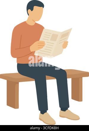A seated figure reads a folded newspaper on a simple wooden bench, suggesting a calm moment in a public space. Stock Vector