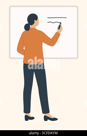 A woman faces a whiteboard and writes with a marker in a simple office scene suggesting planning and instruction. Stock Vector