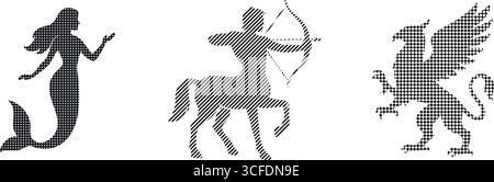 Black silhouettes show a graceful mermaid a centaur drawing a bow and a powerful griffin. Stock Vector