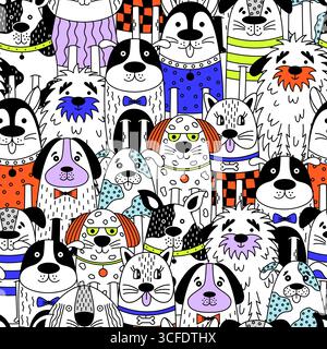 Seamless vector pattern featuring cute dogs in funny sweaters and accessories. Stock Vector