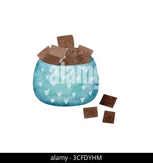 A watercolor illustration of a ceramic sugar bowl filled with brown cane sugar cubes, with a few cubes resting beside it on a white background. The ch Stock Photo