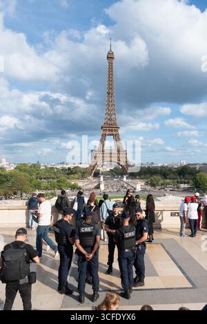 Group of French police officers on the Trocadero esplanade near the Eiffel Tower in  Paris, France,Europe. Stock Photo