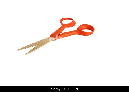 High-quality paper cutting scissors with orange plastic handles. With a discreet shadow on a white background. Stock Photo
