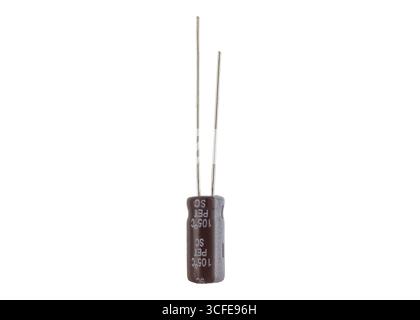 Electrolytic capacitor with two leads isolated on white Stock Photo
