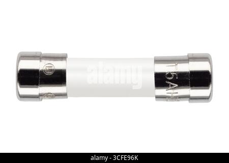 Ceramic cylindrical fuse 5A slow blow isolated on white Stock Photo