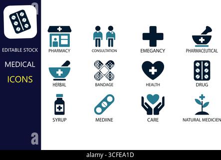 Modern medical icon set offering essential healthcare symbols for pharmacy, consultation, and emergency needs in contemporary designs Stock Vector