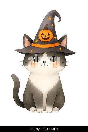 Cute Cat Halloween Illustration - Spooky Kitten with Witch Hat Isolated on White, JPG Stock Photo