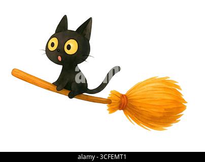 Cute Cat Halloween Illustration - Spooky Kitten with Witch Hat Isolated on White, JPG Stock Photo