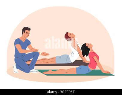 Man and woman perform cobra stretch pose on mat with physiotherapist guidance. Flat vector illustration for rehab, back pain relief, fitness and physi Stock Vector