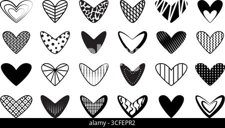 Cute aesthetic black hearts set. Trendy vector monochrome psychedelic hearts filled with various abstract geometric shapes, minimal doodle clipart Stock Vector