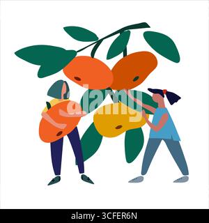 Women picking mandarins vector illustration. Harvesting concept. Agritourism concept. Pick-your-own concept. Fresh fruit concept. Hand drawn illustrat Stock Vector