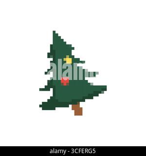 Mosaic pixel art christmas tree icon in festive retro sprite design with decorations Stock Vector