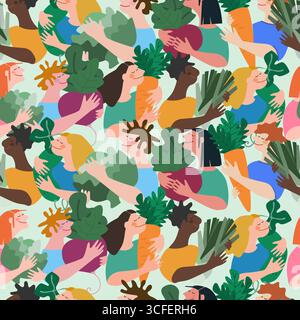 Seamless pattern with happy multiracial people holding giant vegetables on green background. Vector illustrations in trendy flat style. Concept of har Stock Vector