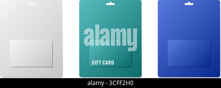 Gift card packaging mockups with hanging hole. White, teal green and blue cardboard packs. Voucher or coupon Stock Vector