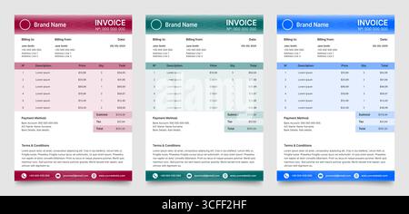 Set of Invoice templates. Payment agreement, corporate bill, receipt. Business template, A4 format ready to print Stock Vector