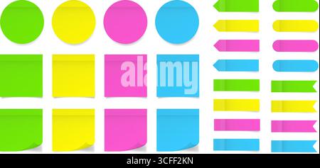 Set of square and round paper stickers. Stick in notes. Neon green, yellow, pink and blue colors. Pointed bookmarks Stock Vector