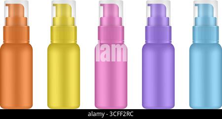 Set of cosmetic bottles with pump. Dispenser. Orange, yellow, purple, blue and pink containers. Serum or sunscreen lotion Stock Vector