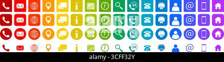 Set of contact icons. Phone, fax, mail, location pin and website. Search, support, info, calendar and clock. Schedule and working hours. Set of multic Stock Vector