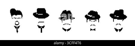 Vintage pixel portraits of men in hats Stock Vector