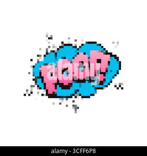 Mosaic comic style pixelated text icon with poof expression using pixel art design Stock Vector