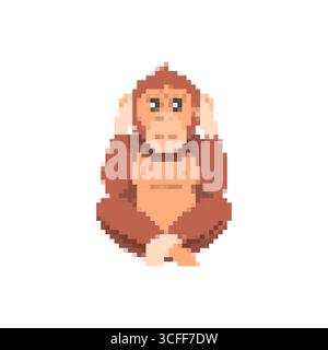Mosaic pixel art style monkey icon in cute retro design for games and expressions Stock Vector