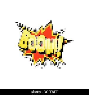 Mosaic pixel comic boom icon with bold yellow and red explosive design in retro style Stock Vector