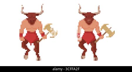 Retro minotaur warriors in 8 bit pixel art style Stock Vector
