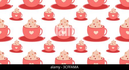 Fall themed seamless pattern with cup of hot chocolate in flat style. Autumn cozy vector illustration for holiday designs, banners, prints Stock Vector