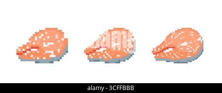 Mosaic-style pixel art salmon steaks in retro 8 bit design for nostalgic game elements Stock Vector