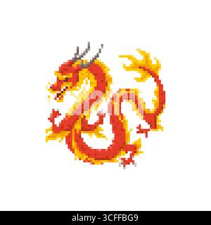 Mosaic pixel dragon with fiery red scales breathing flames enthusiastically Stock Vector