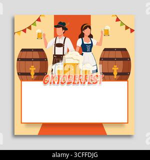 Oktoberfest social media post template featuring beer mugs, pretzel icons, Bavarian blue white theme ideal for pub and brewery promotion on Instagram Stock Vector
