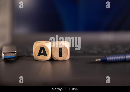 Mans hands interacting with AI icons on a dark blue background, representing AI services and assistance Stock Photo