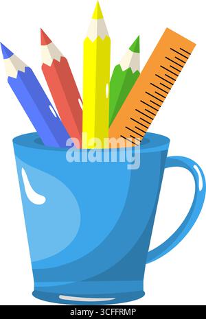 Blue cup with multicolored pencils and a ruler inside. Vector illustration, hand-drawn, on a white background. Concept of school, office, stationery Stock Vector