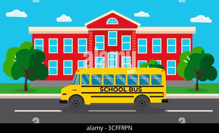 Vector illustration of a yellow school bus in front of a red school building with trees, clouds, and blue sky. Back to school concept on white background Stock Vector