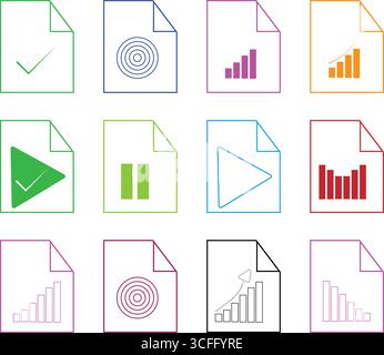Colorful Document Icon Set with Charts Play and Check Symbols Stock Vector