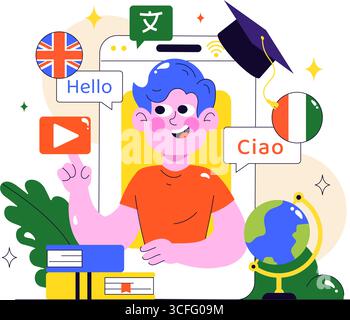 Online Language Learning Vector Illustration Featuring Courses, Training Programs, and Studying Foreign Languages Abroad through Website Education Stock Vector