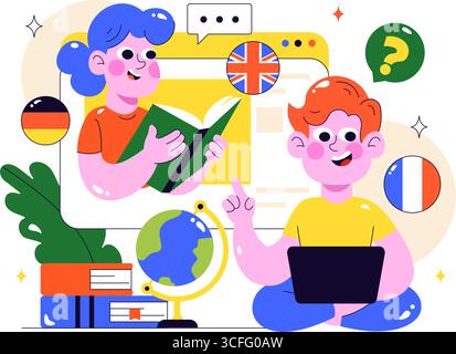 Online Language Learning Vector Illustration Featuring Courses, Training Programs, and Studying Foreign Languages Abroad through Website Education Stock Vector