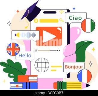 Online Language Learning Vector Illustration Featuring Courses, Training Programs, and Studying Foreign Languages Abroad through Website Education Stock Vector