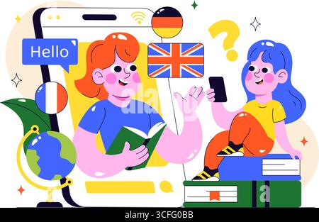 Online Language Learning Vector Illustration Featuring Courses, Training Programs, and Studying Foreign Languages Abroad through Website Education Stock Vector