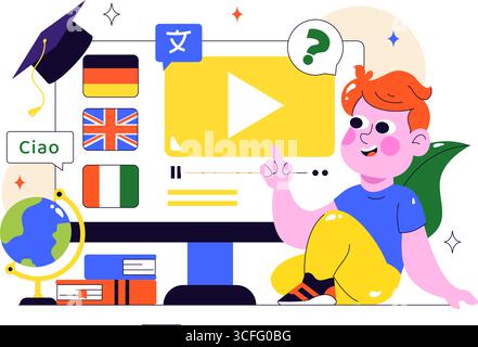 Online Language Learning Vector Illustration Featuring Courses, Training Programs, and Studying Foreign Languages Abroad through Website Education Stock Vector