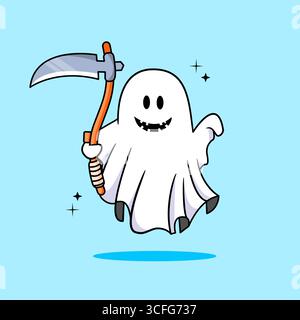 Cute Ghost Boo with Scythe Halloween Cartoon Vector Illustration Stock Vector