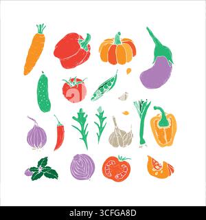 Hand drawn set colorful doodle vegetables in trendy organic style. Red and green pepper, hot chili, tomatoes, jalapeno, paprika, seeds, herbs Stock Vector