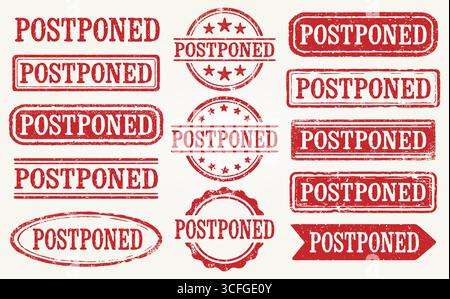 Postponed Grunge Stamp Set. Collection Of 13 Distressed Red Postponed Retro Rubber Stamps With A Vintage Grunge Texture. Perfect For Events,  Meetings Stock Vector