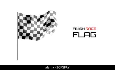 Race flag 3d waving on pole at car finish line. Rally speed vector with checkered texture, start element. Motor road pattern symbolizing end of Stock Vector